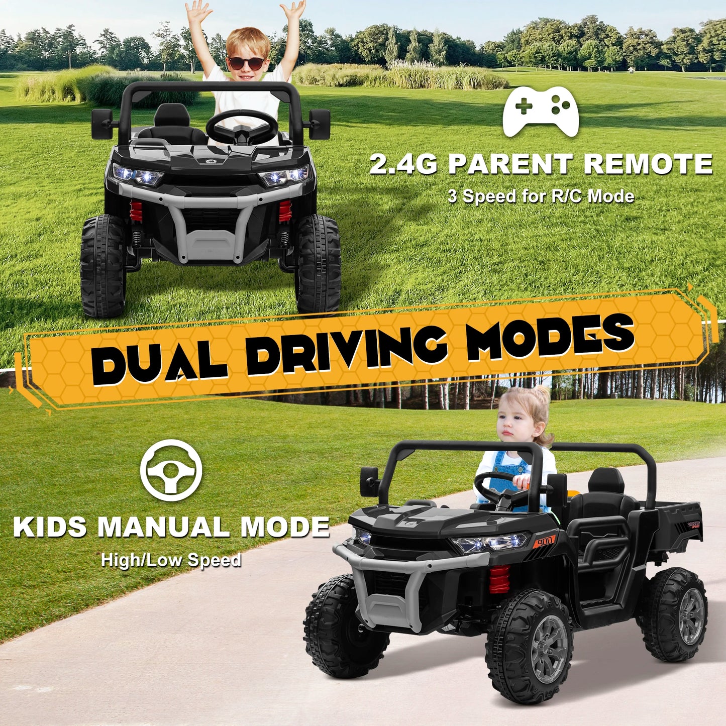 24V Ride on Dump Truck, 2 Seater Kids UTV Electric Car w/2.4G Remote Control, 4 Wheeler, Bluetooth Music, LED Lights, 24 Volt Ba