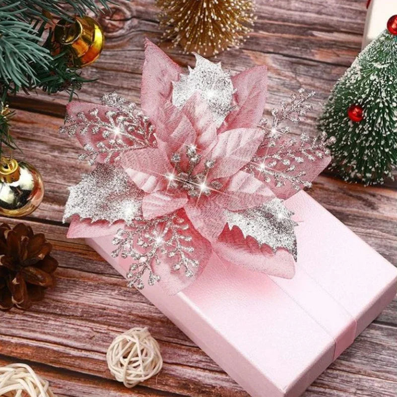 14.5cm Glitter Artifical Christmas Flowers Merry Christmas Tree Decoration Happy New Year Ornaments Xmas Fake Flowers Natal