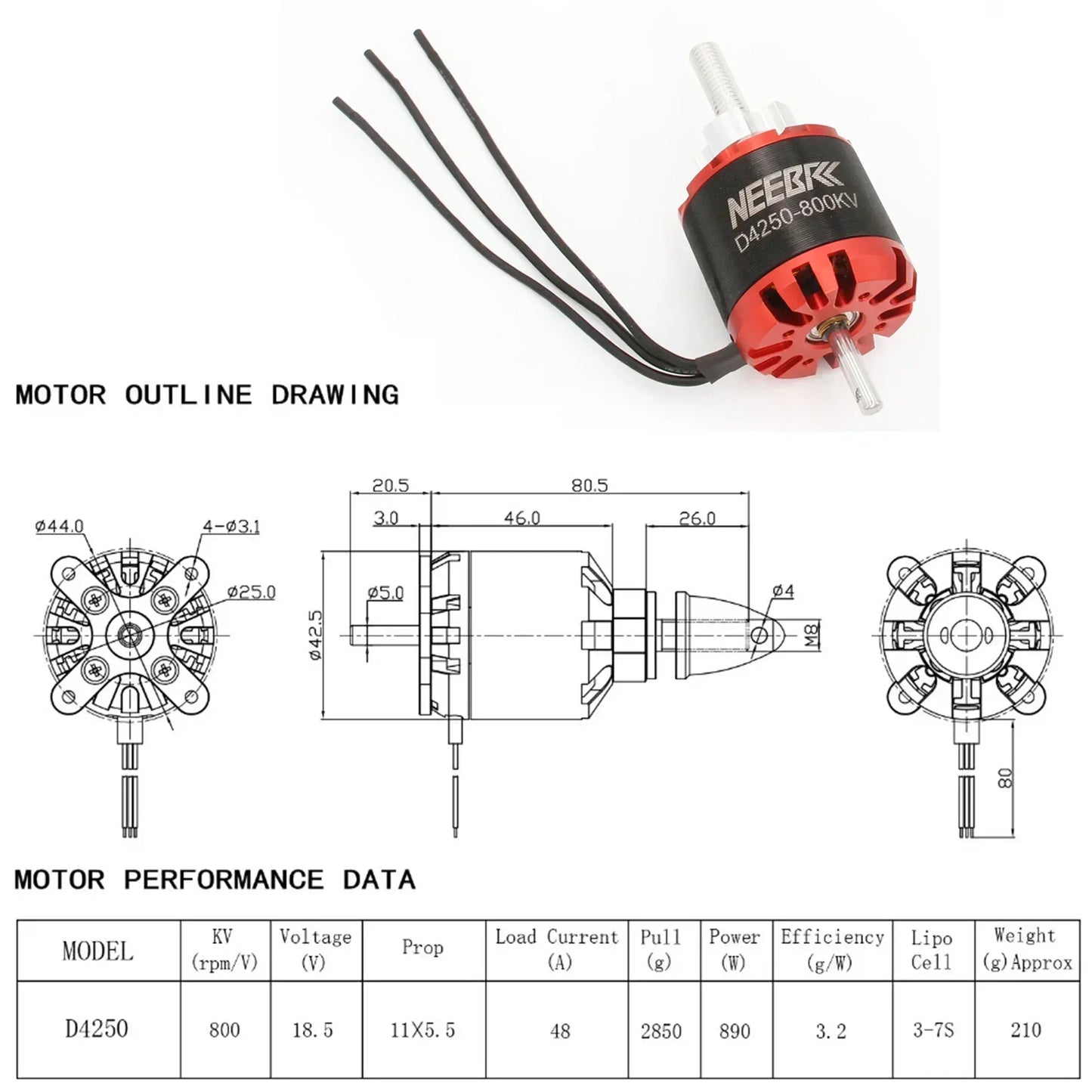 NEEBRC 4250 600KV 800KV Outrunner Brushless Motor 3-7S for RC FPV Drone Fixed-wing Multicopter Quadcopter Helicopter Airplane