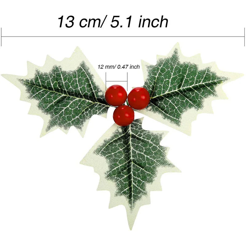 50/5Pcs Christmas Holly Leaves Artificial Red Berries DIY Christmas Flower Wreath Decoration for Home Xmas New Year Gifts Decor