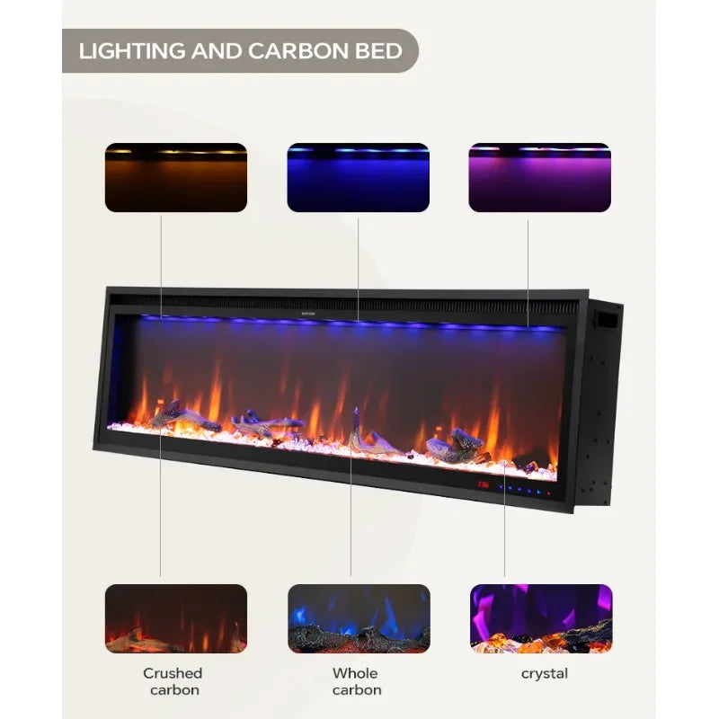 Wall mounted electric fireplace realistic flame effect adjustable thermostat dimmer remote control 1500W