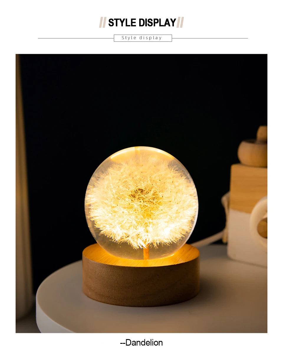3D Dandelion Crystal Ball 5cm 6cm Luminous Immortality Flower Gift Crystal Ball Wood Stand Base Preserved Flower Sphere Ball