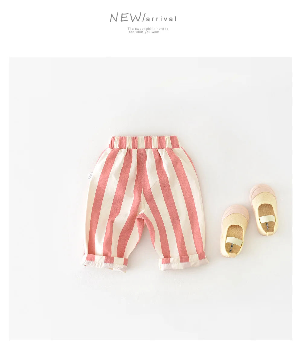 Autumn New Boy Girl Children Loose Striped Casual Pants Baby Pockets Fashion Pants Kid Outdoor Cotton Trousers Toddler Costume