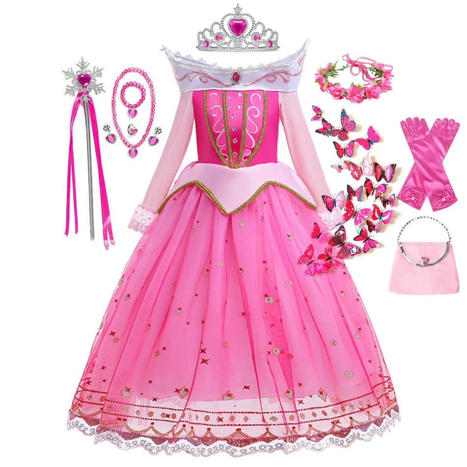 Sleeping Beauty Costume for Girls Aurora Dress Long Sleeves Off Shoulder Kids Halloween Christmas Fancy Party Princess Clothing