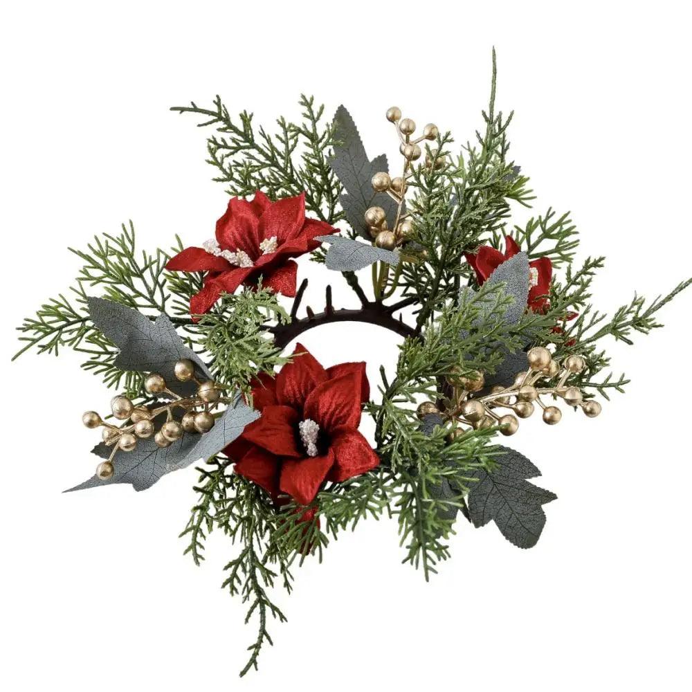 Red Christmas Flowers Wreath Artificial Berries Pinecone Pine Candlestick Wreaths Garland Candle Ring Table Home Party Decor