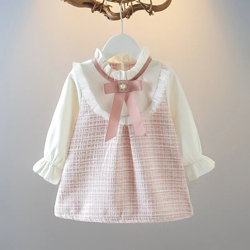 Long Sleeved Baby Girl Dress With Spring And Autumn Bow Lace Splicing Small Plaid Sweet Long Sleeved Dress