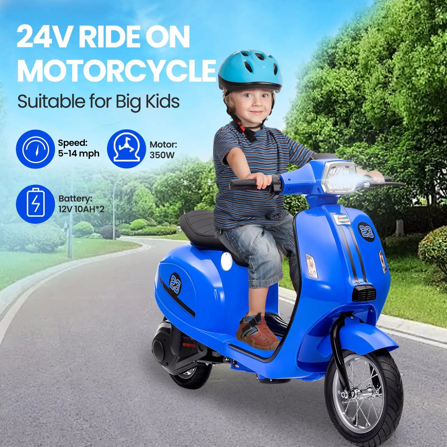 Kids Motorcycle 24V 350W Electric Ride-On, 14MPH Max, Waterproof Design, LED Lights & Rear Brake - Motorbike for Ages 8-12