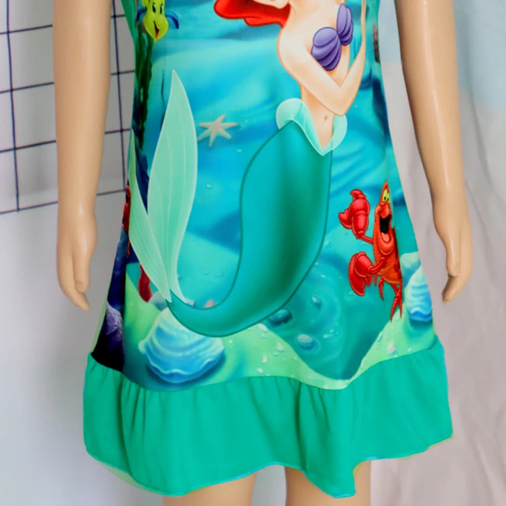 New Summer Kids Cartoon 3-8Years Mermaid Dress Sleepwear Princess Girls Printing Nightgowns Children Party Dresses Pajamas