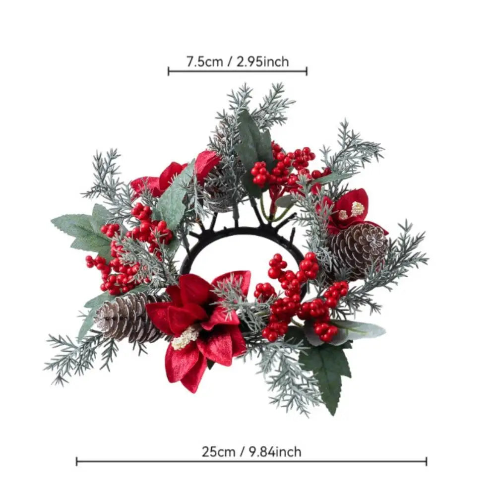 Red Christmas Flowers Wreath Artificial Berries Pinecone Pine Candlestick Wreaths Garland Candle Ring Table Home Party Decor