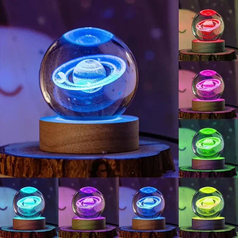 6cm 3D Interior Sculpted Saturn Illuminated Crystal Ball Ornament with Colorful Wood Base Nightlight Indoor Tabletop Birthday
