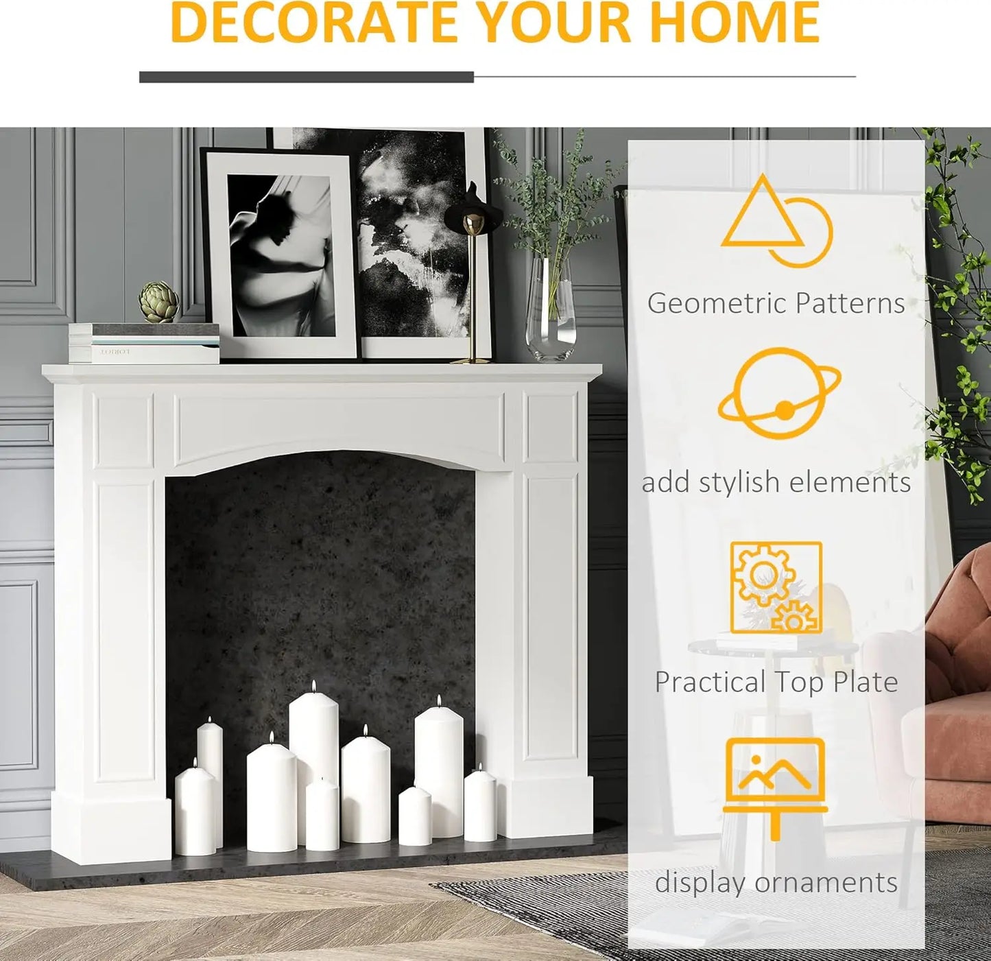 Modern Fireplace Mantel, Surround Mantels for Fireplace with Decorative Pattern Interior Width 29" White