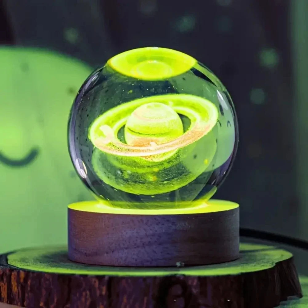 6cm 3D Interior Sculpted Saturn Illuminated Crystal Ball Ornament with Colorful Wood Base Nightlight Indoor Tabletop Birthday
