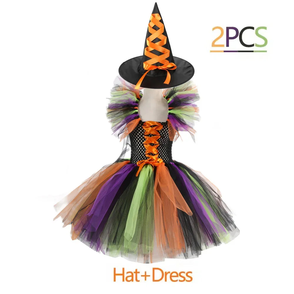 Kids Halloween Witch Costumes for Girls Carnival Party Fancy Dress Children Witches Disguise Tutu Outfit Clothes with Broom Hat