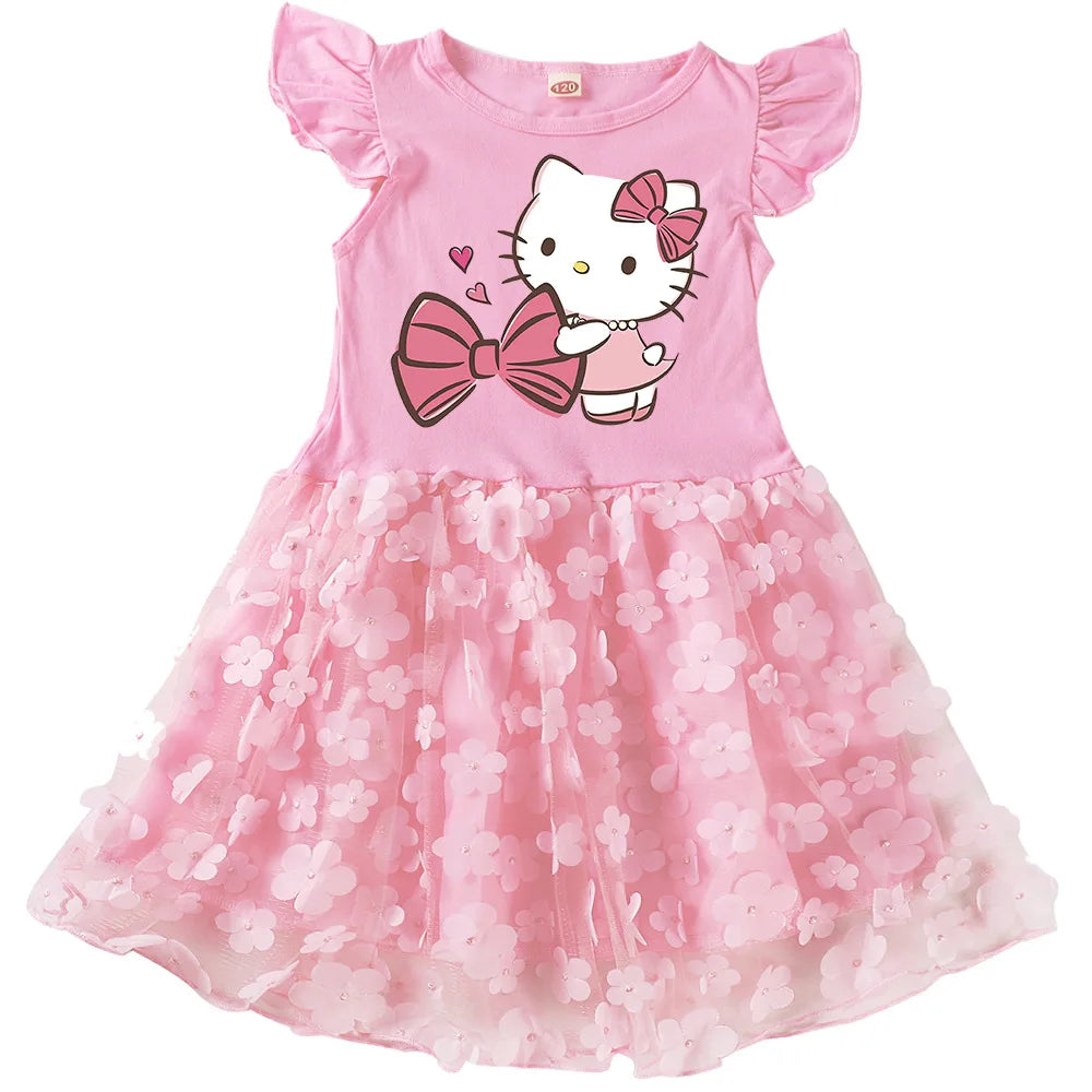 2-10Y Cartoon hello kitty Dress Girls Short-sleeve Casual Dresses with Small Bag Kids Summer Outfits Children Lace Vestidos
