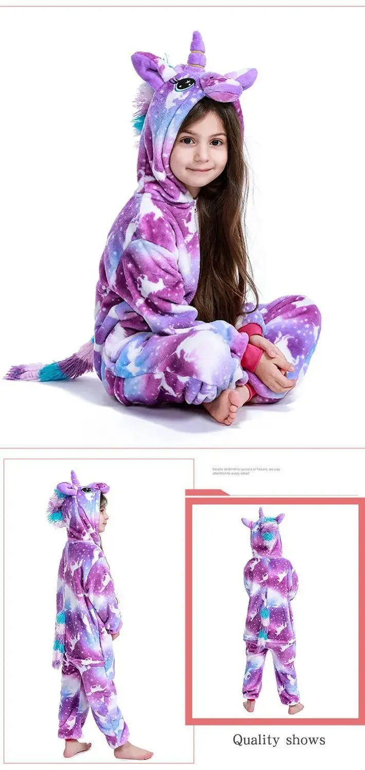 Kids Unicorn Animal Jumpsuits Cartoon Pajamas Cosplay Holiday Costume Cat Panda Flannel Sleepwear for Children Outfits 4-12Yrs