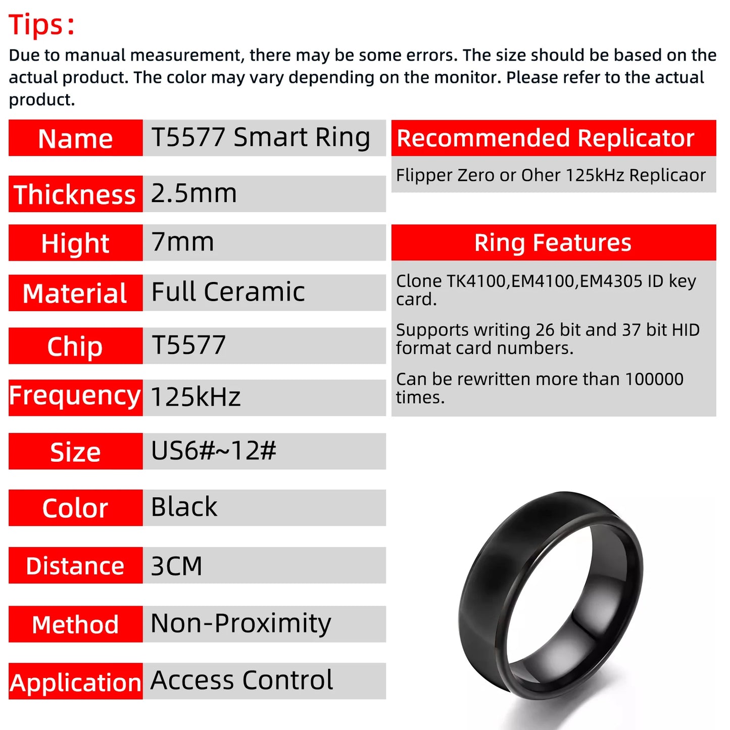 T5577 Chip RFID Black or White Ceramics Smart Finger Rewrite Ring 125KHZ Wear for Men or Women