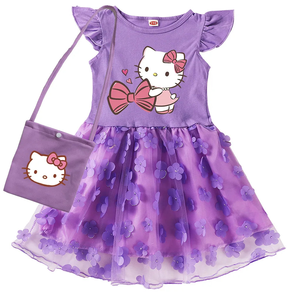 2-10Y Cartoon hello kitty Dress Girls Short-sleeve Casual Dresses with Small Bag Kids Summer Outfits Children Lace Vestidos