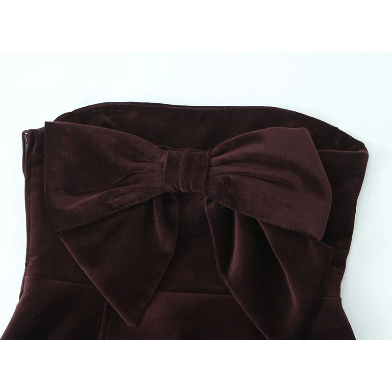 YENKYE Sexy Elegant Women Burgundy Velvet Bow Strapless Dress Christmas Party Mini Vestidos