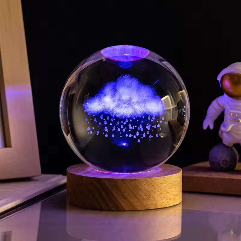 6cm 3D Interior Sculpted Saturn Illuminated Crystal Ball Ornament with Colorful Wood Base Nightlight Indoor Tabletop Birthday
