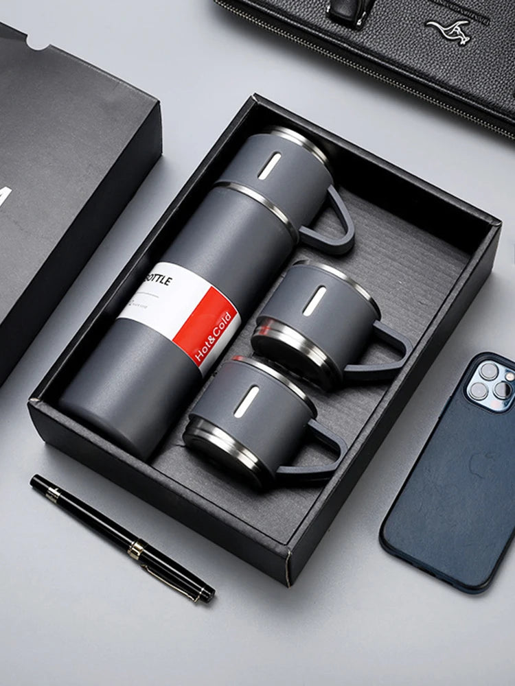 304 Stainless Steel Thermos Gift Set with 3 Interchangeable Lids & Handle,Keeps Hot & Cold,Portable Travel Cup for Men & Women