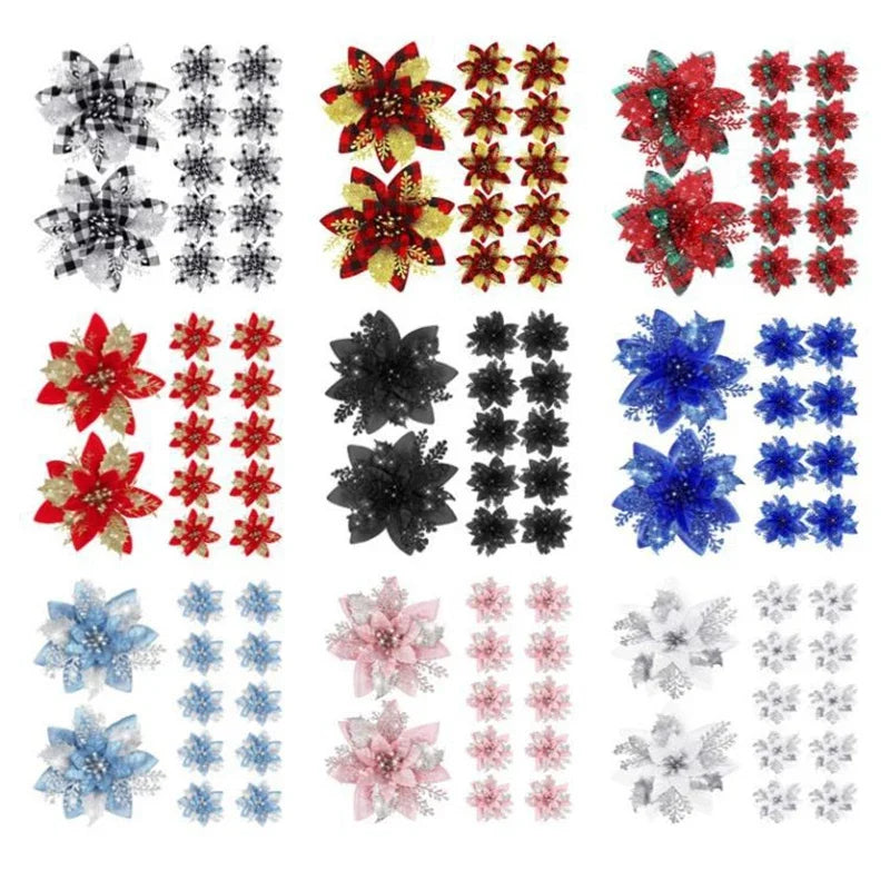 14.5cm Glitter Artifical Christmas Flowers Merry Christmas Tree Decoration Happy New Year Ornaments Xmas Fake Flowers Natal