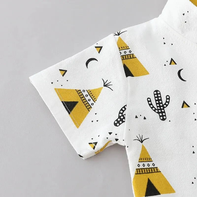 2PCS Children's Summer 100% Cotton Random Full Print Triangle Pattern Short Sleeved Stand up Collar Shirt and Shorts Set