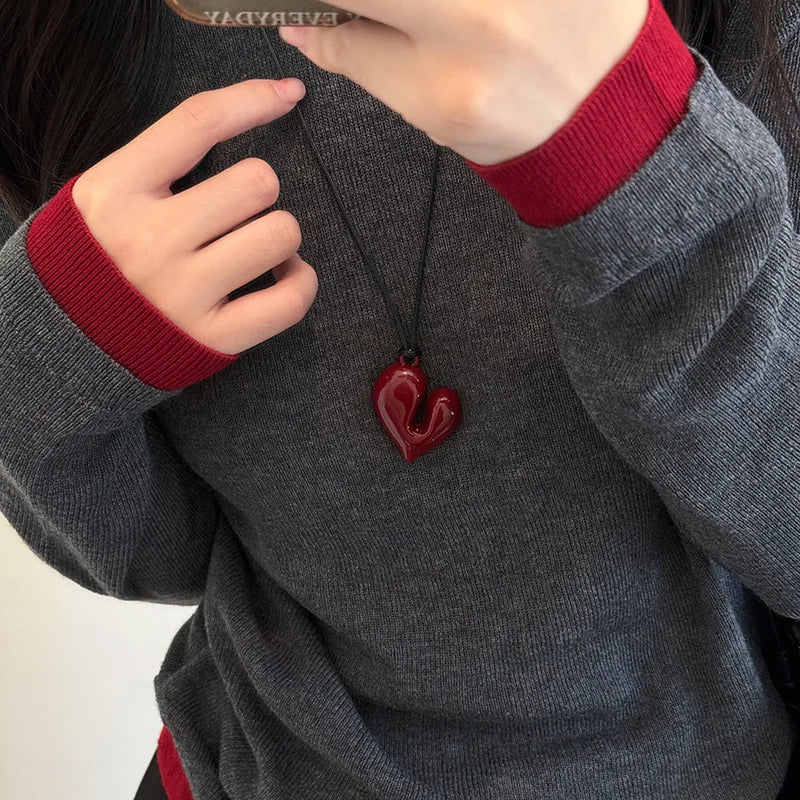 LATS Red Heart Pendant Necklace Vintage 80s Aesthetic Love Inspired Choker New Fashion Romantic Heart Necklace for Women
