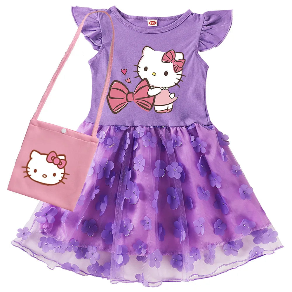 2-10Y Cartoon hello kitty Dress Girls Short-sleeve Casual Dresses with Small Bag Kids Summer Outfits Children Lace Vestidos