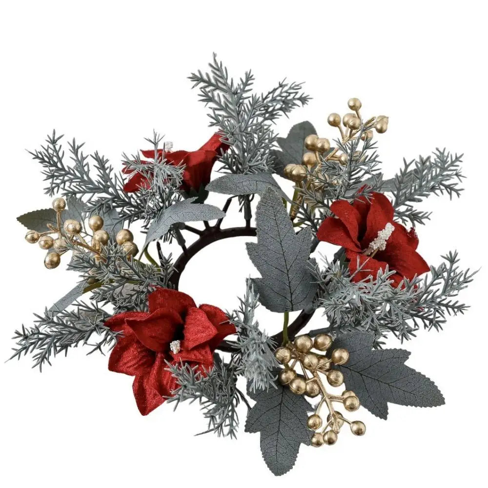 Red Christmas Flowers Wreath Artificial Berries Pinecone Pine Candlestick Wreaths Garland Candle Ring Table Home Party Decor