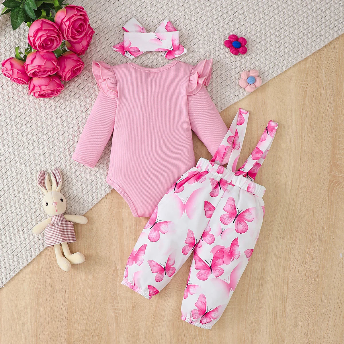 0-18Months Baby Girl Clothes Set Red Color Long Sleevs Bodysuit + Flower Strap Pants 2PCS Infant Girl New Years Clothing Suit