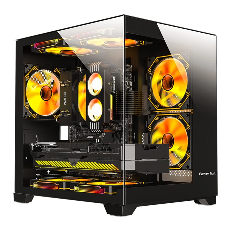 Power Train  Coloured Glaze PC Case Sea View Room 270°full view without column  Desktop Chassis Support 240  Water Cooler