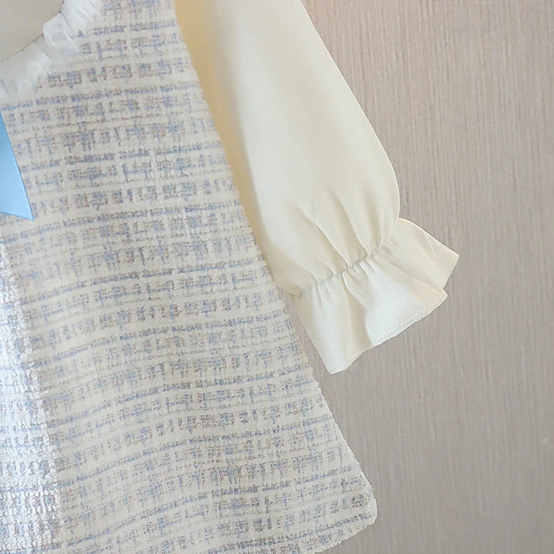 Long Sleeved Baby Girl Dress With Spring And Autumn Bow Lace Splicing Small Plaid Sweet Long Sleeved Dress