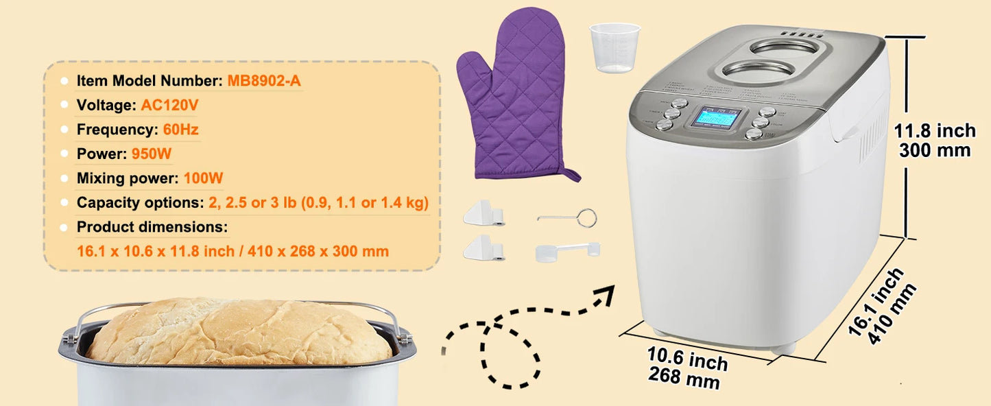 SucceBuy 2/3 LB Bread Maker 15-in-1 Dough Machine Nonstick Ceramic Pan Automatic Bread maker with Gluten Free Setting