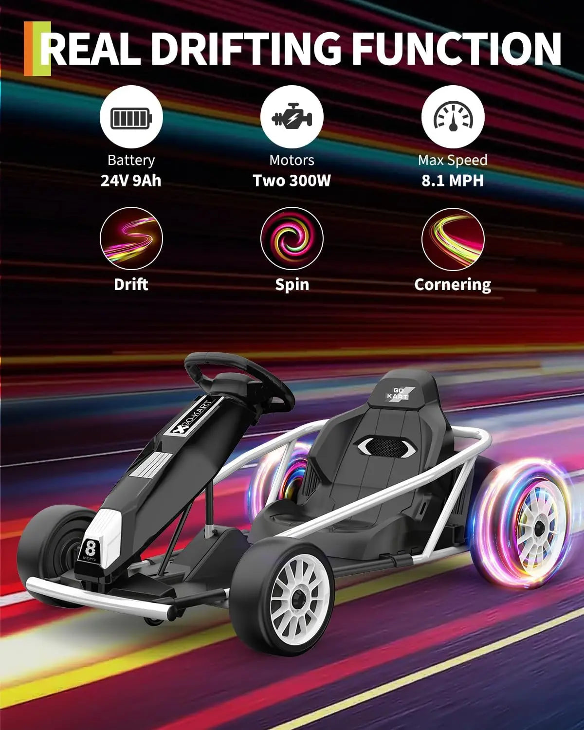 24V Kids Electric Riding Go Kart with Dual 250w Motors,9Ah Battery,8MPH,Slow Start,Music,Horn,and Max Load 150Lbs,High/Low Speed