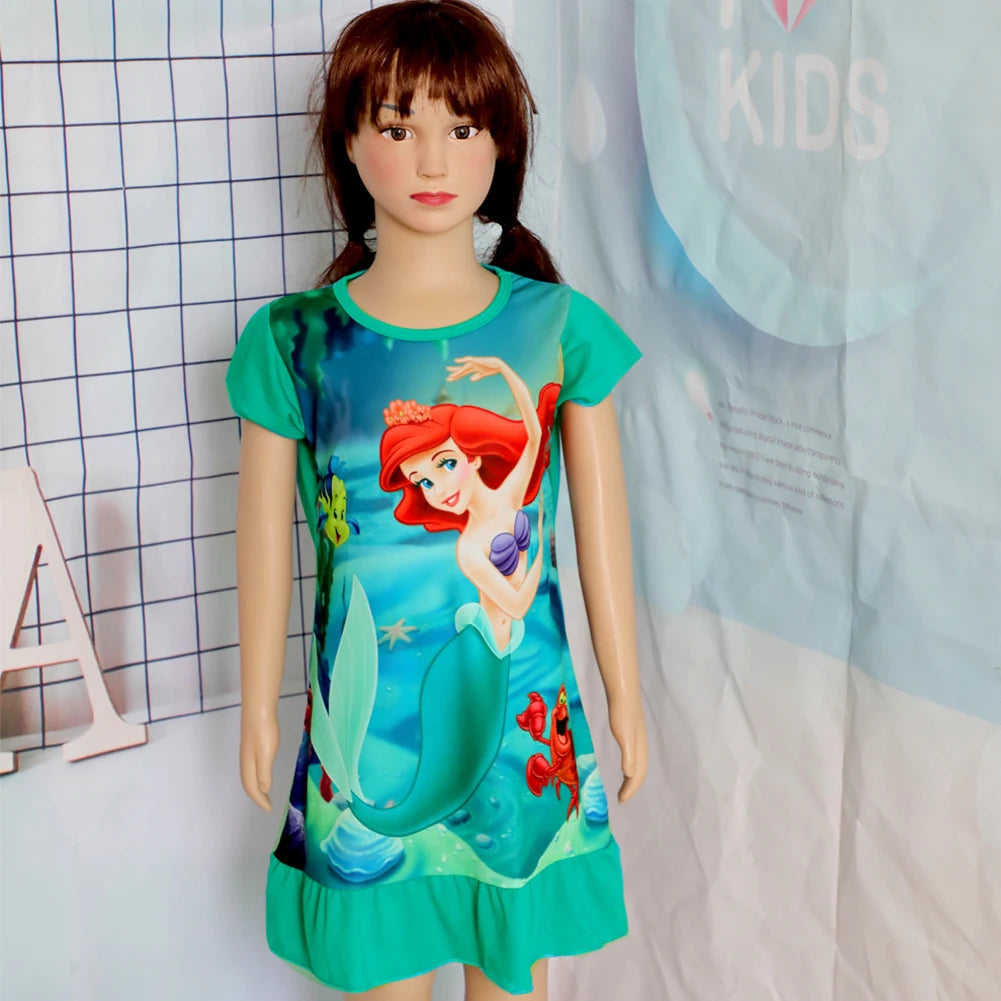 New Summer Kids Cartoon 3-8Years Mermaid Dress Sleepwear Princess Girls Printing Nightgowns Children Party Dresses Pajamas