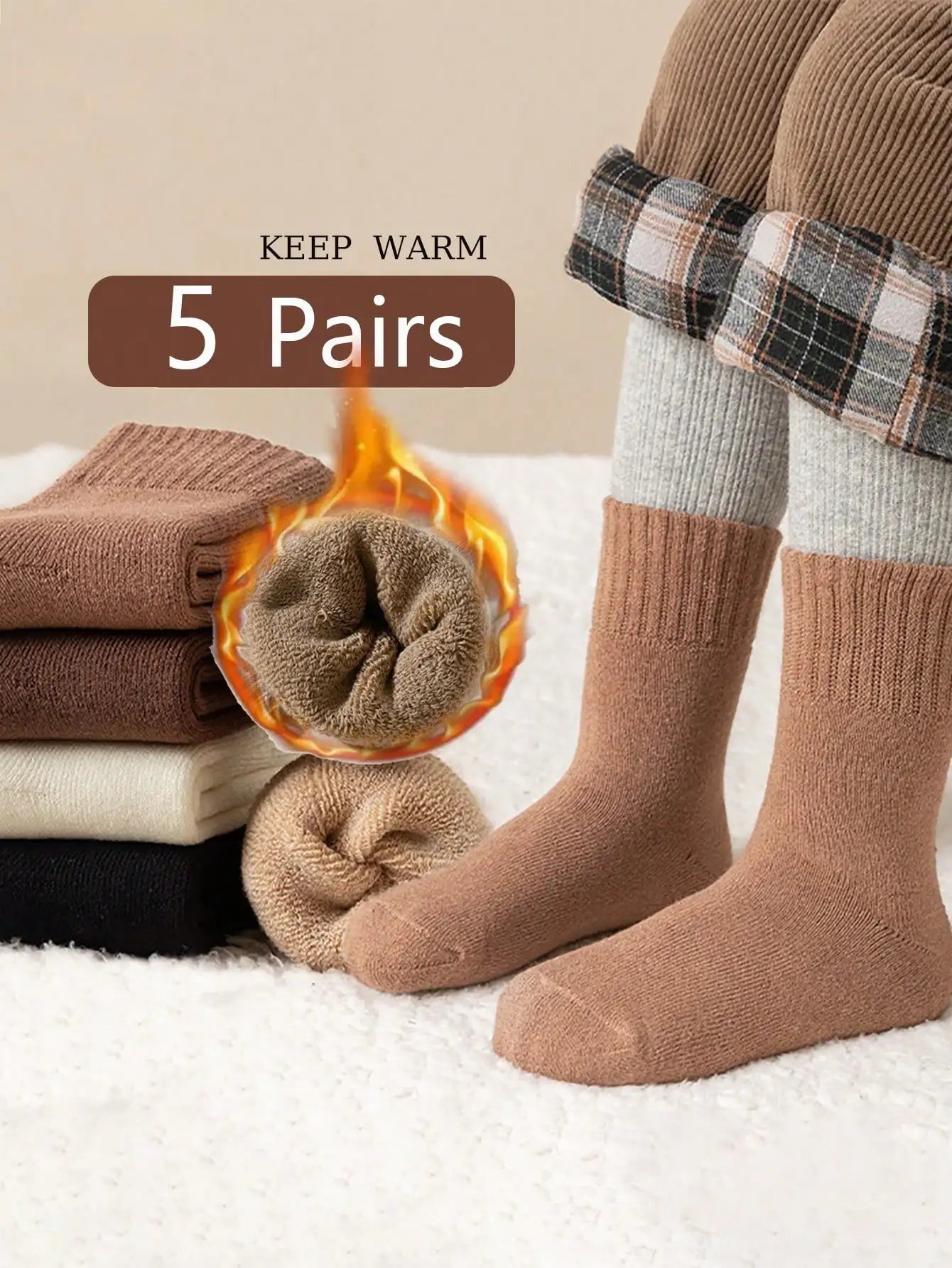 5 Pairs of Children's Thick Terry Socks with Letter Print, Warm and Fleece-Lined Mid-Calf Length Baby Glove Socks.