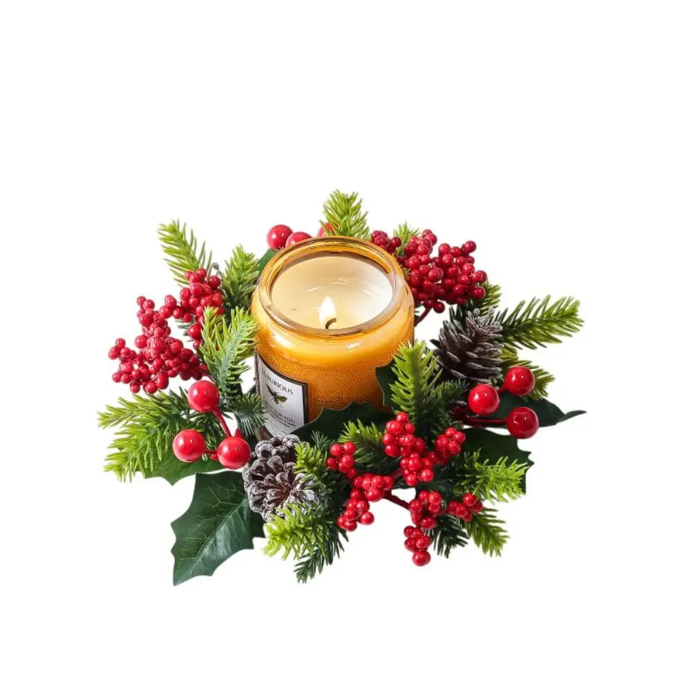 Red Christmas Flowers Wreath Artificial Berries Pinecone Pine Candlestick Wreaths Garland Candle Ring Table Home Party Decor
