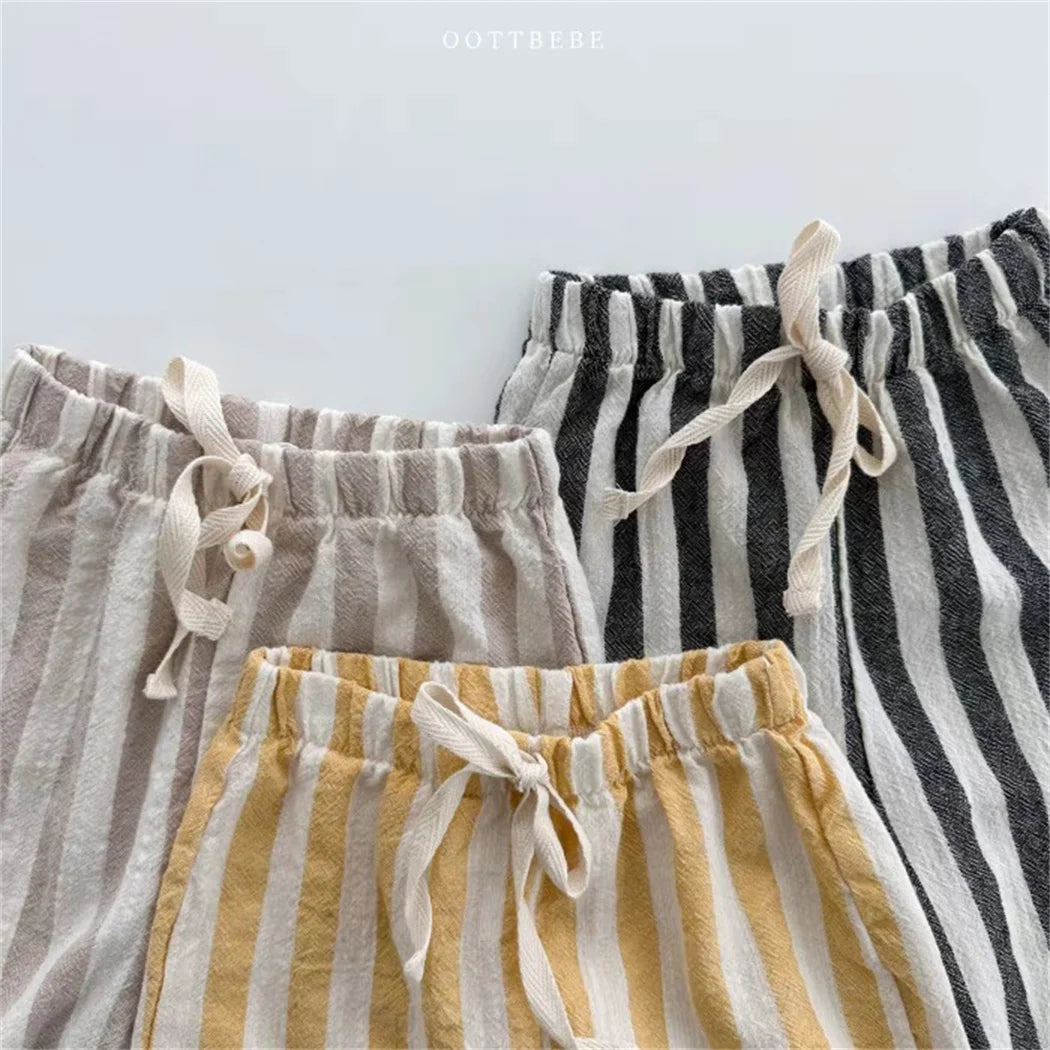 Vintage Linen Cotton Stripe Pants for Boys Casual Pocket Design Elastics Waist Pants for Toddler Girl Clothing Children Trousers