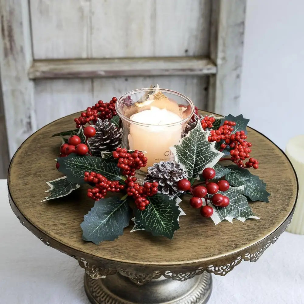 Red Christmas Flowers Wreath Artificial Berries Pinecone Pine Candlestick Wreaths Garland Candle Ring Table Home Party Decor