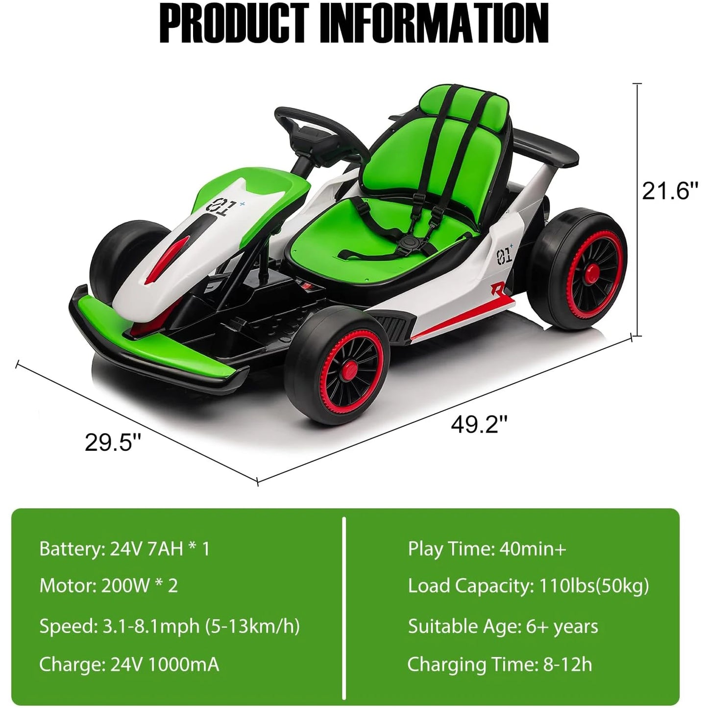 24V Go Kart Ride On Racing Toy for Kids 6+ Ride On Drift Kart with 200W*2 Extra Powerful Motors Large Battery with Music Horn