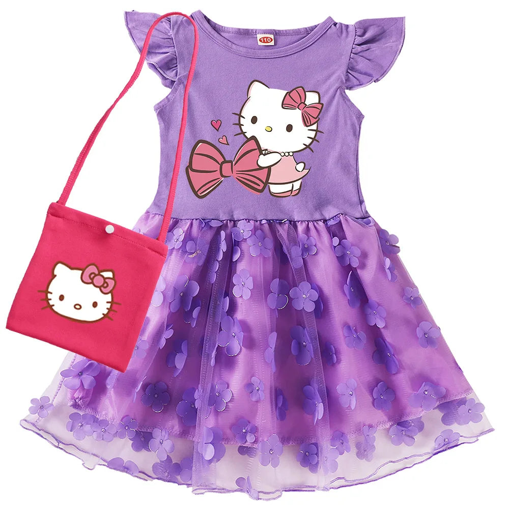 2-10Y Cartoon hello kitty Dress Girls Short-sleeve Casual Dresses with Small Bag Kids Summer Outfits Children Lace Vestidos