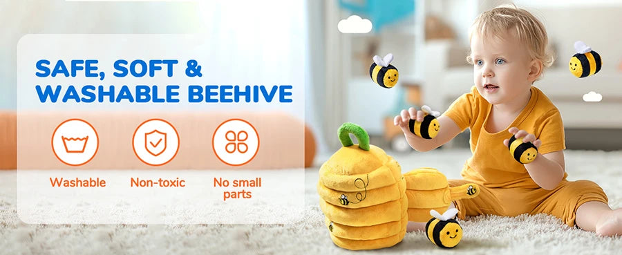 Baby Toys 6-12 Months Soft Baby Beehive with 5 Sensory Bee Rattle Mirror Crinkle Squeaker Busy Montessori Soft Toy for Toddlers