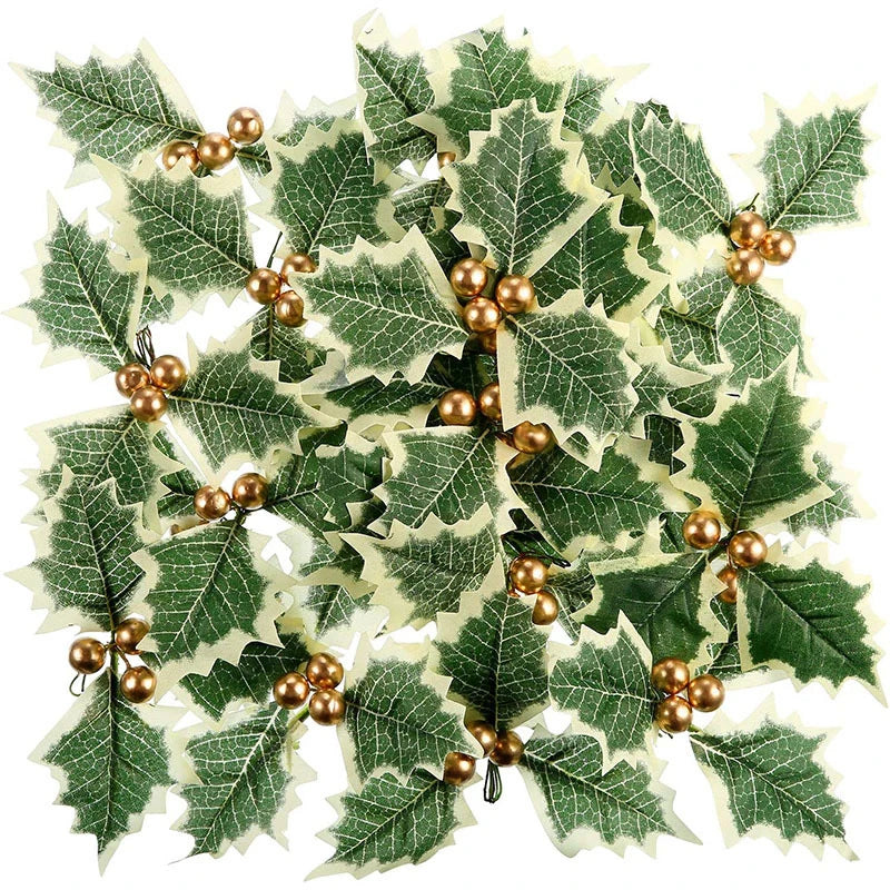 50/5Pcs Christmas Holly Leaves Artificial Red Berries DIY Christmas Flower Wreath Decoration for Home Xmas New Year Gifts Decor