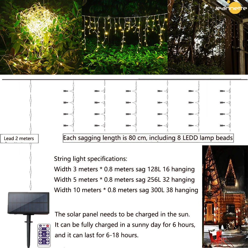 Solar Street Garland House Christmas Lights Garden Decorations Ornaments Outdoor LED Festoon Icicle Curtain Lights Droop 0.8M