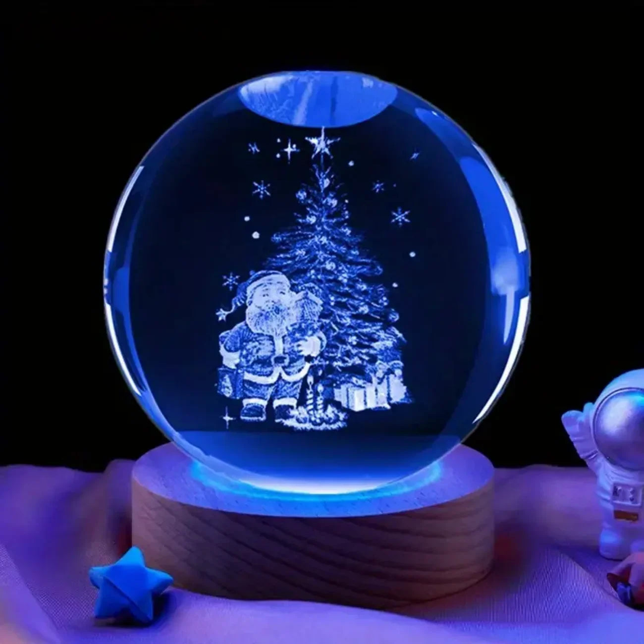 6cm 3D Interior Sculpted Saturn Illuminated Crystal Ball Ornament with Colorful Wood Base Nightlight Indoor Tabletop Birthday