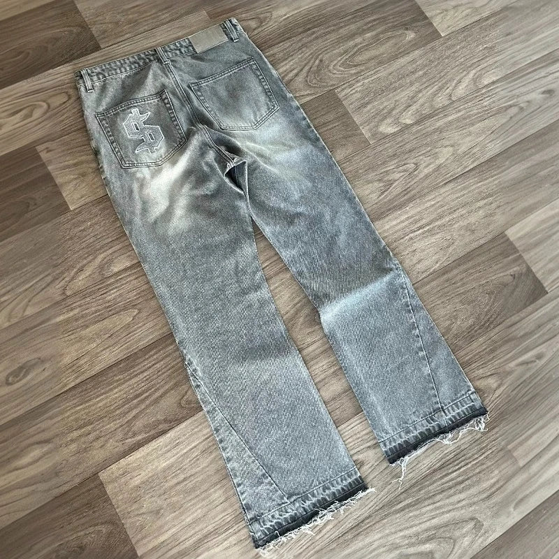 Y2K Retro Jeans Light Color Dollar Pattern Embroidery Splice Denim Pants Gothic Hip Hop Streetwear Men Women Fashion Baggy Pants