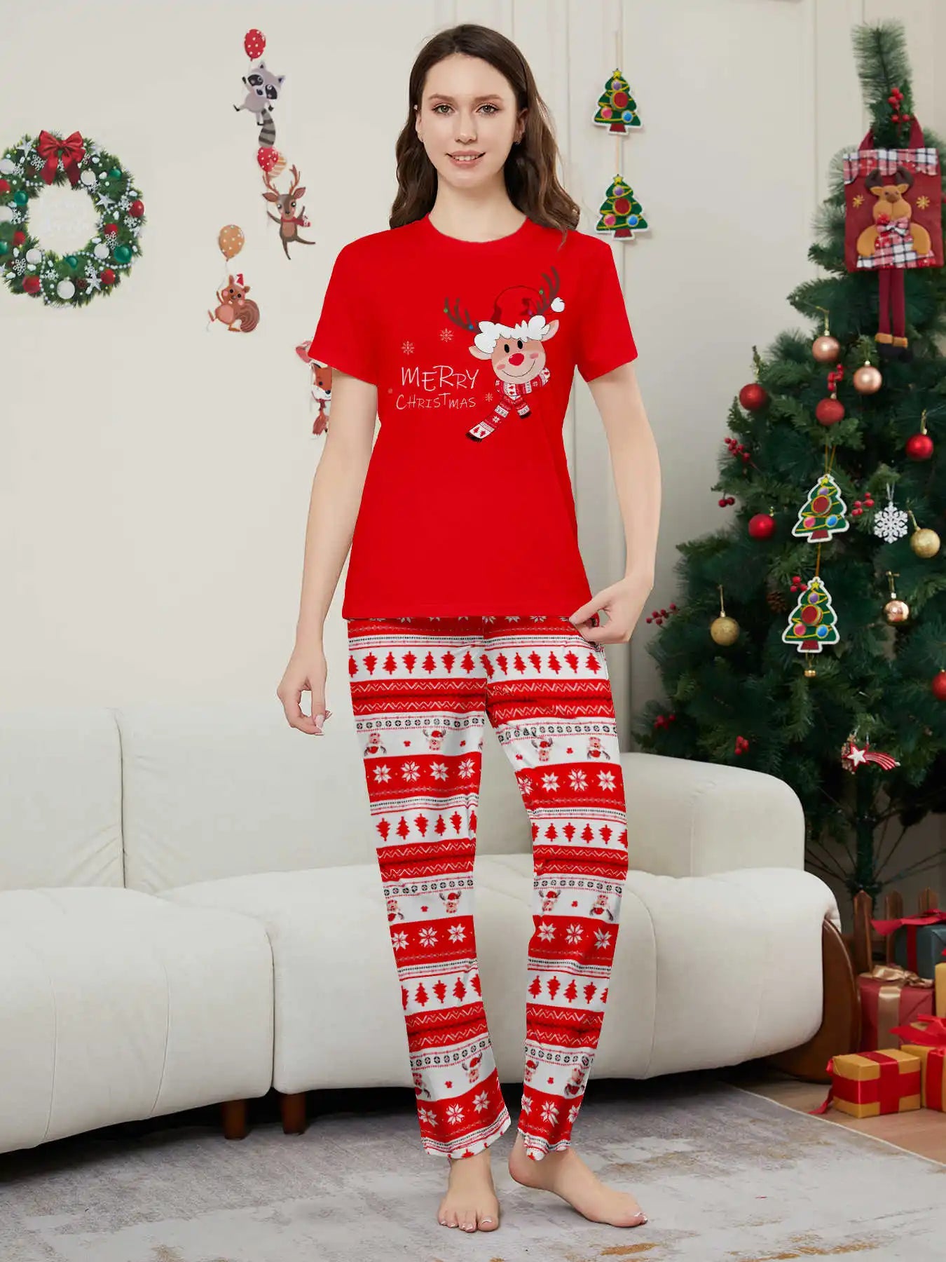 Merry Xmas Family Look Pyjamas Short Sleeve O Neck Sleepwear Adults Kids Christmas Matching Pajamas Set Cute Print 2 Pieces Suit