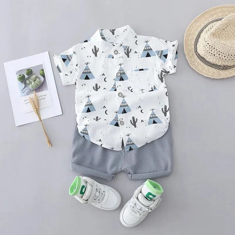 2PCS Children's Summer 100% Cotton Random Full Print Triangle Pattern Short Sleeved Stand up Collar Shirt and Shorts Set