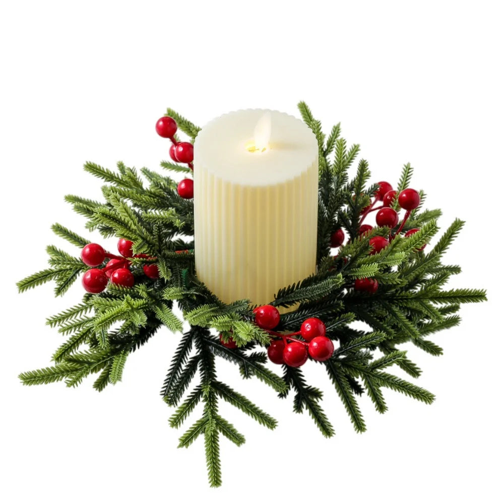 Red Christmas Flowers Wreath Artificial Berries Pinecone Pine Candlestick Wreaths Garland Candle Ring Table Home Party Decor