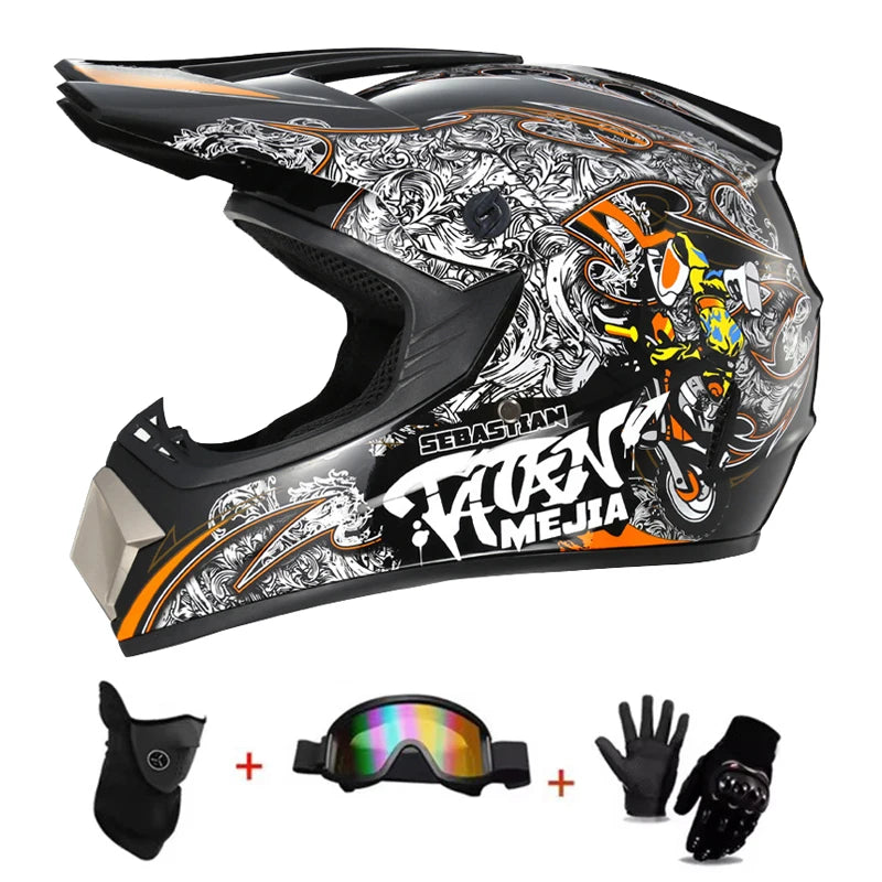 Kids MX Helmet Kit - DOT/ECE Certified Full-Face Helmet + Ventilated Off-Road Goggles + Riding Gloves